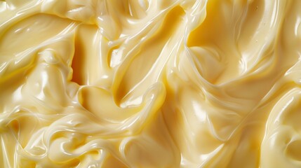 Obraz premium Close up of the texture of mayonnaise background, top view. Photorealistic high resolution macro photography for advertising or food design.