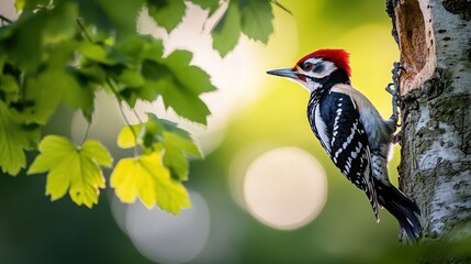 Obraz premium A red-headed woodpecker perched on a tree trunk with its head turned to the side, looking alert and curious. The woodpecker is surrounded by green leaves and a blurred background.