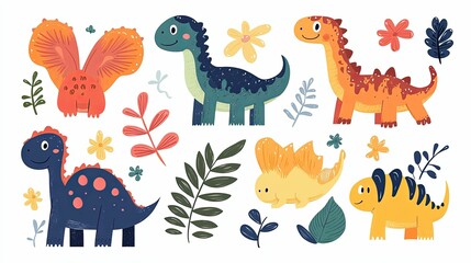 Colorful Cartoon Dinosaurs and Floral Elements on White Background