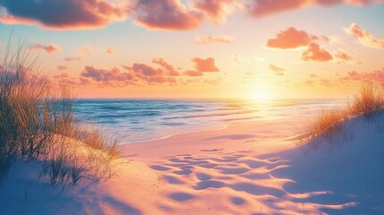 Serene Beach Sunset with Soft Clouds