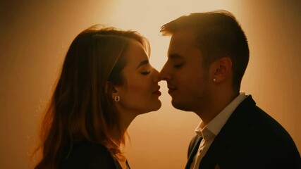 a young couple shares a tender kiss in warm, intimate lighting. static video, close-up, minimalist background
