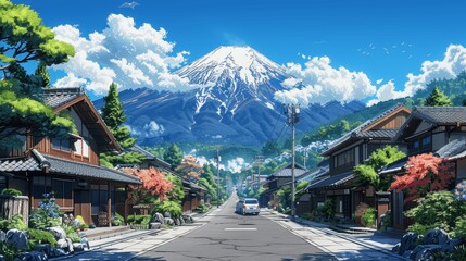 charming japanese town in summer daytime with houses and car on cozy street anime style