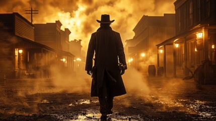 Rear View of Man in Overcoat and Hat in Wild West Town at Dusk, Epic Western Scene with Dramatic Lighting, Hyper Realistic Cowboy Character