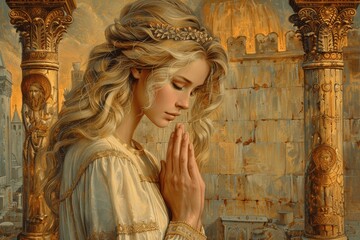 Mary Kneeling in Prayer with Angel in Ancient Jerusalem - AI Generated Oil Painting