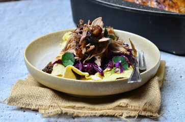 roasted duck meat, blue cabbage and potato pancakes, traditional Czech food, background of served food