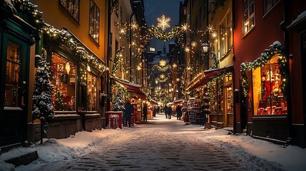 Fototapeta premium A charming view of Gamla Stan, Stockholm, during Christmas, the narrow streets illuminated with soft golden lights, the historic buildings adorned with red and green holiday decorations.