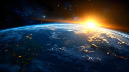 A Realistic 3D Render of Earth with a Glowing Sunrise and Scattered Stars in the Dark Space Background