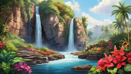  A serene waterfall gently flowing over a rocky cliff, surrounded by lush, green vegetation and the vibrant colors of tropical