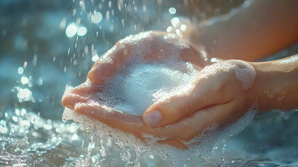 Fototapeta premium Close-up of Hands Cupping Water with Bubbles, Captured in a Splash of Sunlight and Rain, Creating a Dreamy and Tranquil Aesthetic