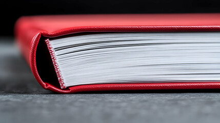 A Close-Up View of a Red Hardcover Book with White Pages Showing a Stack of Paper in a Blurred Background