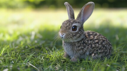 Naklejka premium A cute baby bunny rabbit with brown fur sits on a green grass lawn in a sunny park.
