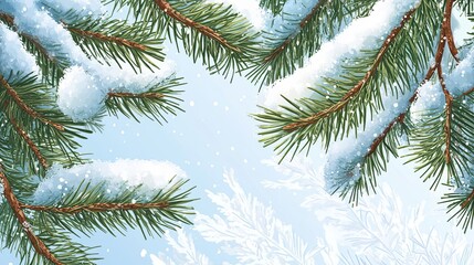 Obraz premium Snow-Covered Pine Branches Against a Blue Sky
