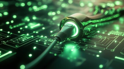 Abstract 3D rendering of electric car charging plug with glowing wires floating around, representing future green energy. EV technology, sustainable transportation, electric vehicle infrastructure
