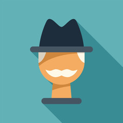 Minimalist graphic illustration featuring the head of a senior man wearing a hat, designed with a long shadow on a blue background