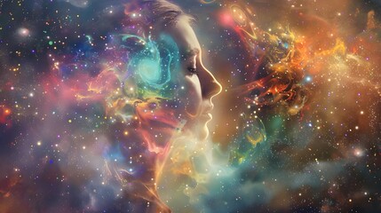 Head of a women in space between stars 