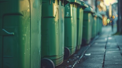 Green Bins Lined Up On A City Sidewalk