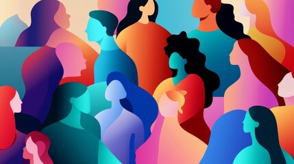 Inclusive community, overlapping translucent figures, flat design illustration