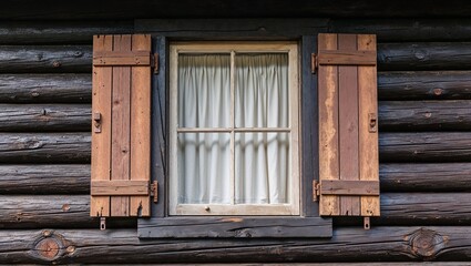 weathered wooden window set in a dark brown, rough-hewn log cabin wall, with visible vertical grooves and horizontal ridges, showcasing its age and wear.