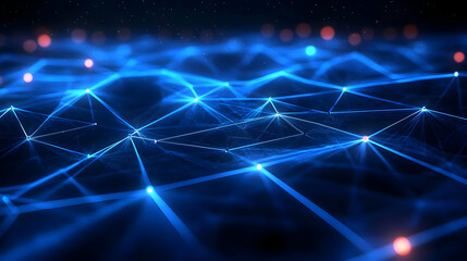 Abstract 3D Blue Network with Glowing Lines and Points on a Dark Background