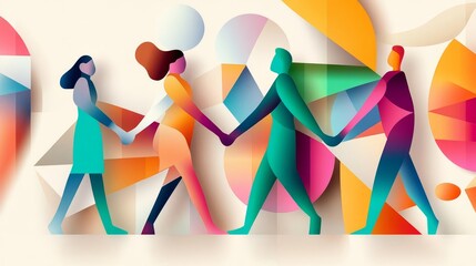 People holding hands, translucent geometric shapes, flat design illustration