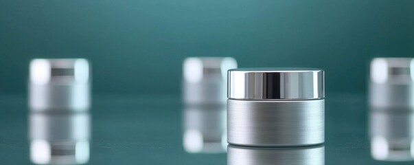A modern silver cosmetic jar on a reflective surface, perfect for showcasing beauty products or skincare applications.