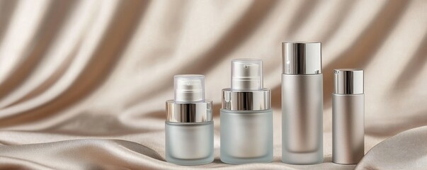 Elegant collection of skincare containers on a soft fabric background, perfect for beauty and cosmetic presentations.