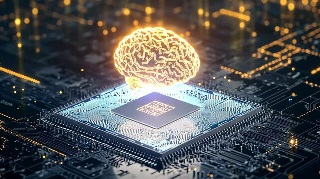 A glowing brain hovers above a computer chip, symbolizing the power of artificial intelligence