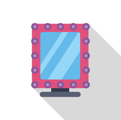Square makeup mirror with light bulbs standing on a surface, icon in flat style