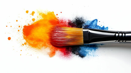 Obraz premium A Paintbrush Creates Colorful Splashes of Yellow, Orange, Red, Black, and Blue Paint on a White Background