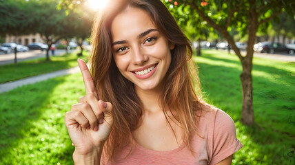 Young woman outdoors smiling and raising her finger in a sunny park during the afternoon, surrounded by green foliage.