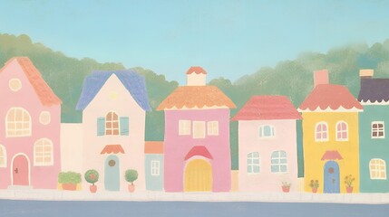 Colorful village houses with terracotta roofs, flower pots, and a mountain landscape in the background under a bright blue sky. Simple and charming digital illustration