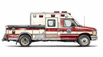 Hand-Drawn Illustration of a Red and White Emergency Response Vehicle with a Detailed Side Profile