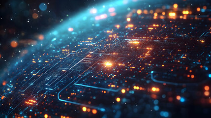 Obraz premium Abstract 3D Digital Circuit Board with Glowing Lines and Lights, Futuristic Technology Background