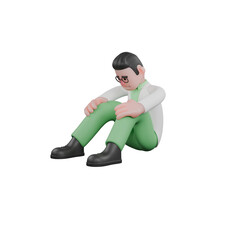 Professional Male in 3D - Biologist. A male biologist is sitting on the floor with his head down and holding his knees. Cartoon Illustration