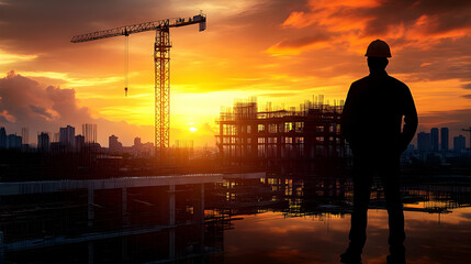 Fototapeta premium Silhouette of a Construction Worker Standing on a Partially Built Structure at Sunset with a Crane in the Background