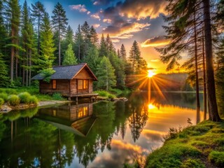 Fototapeta premium Time Lapse of a Secluded Cabin at Sunrise in the Forest - Nature Photography