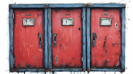 Three Red Doors with Blue Frames in a Weathered Wall Illustration
