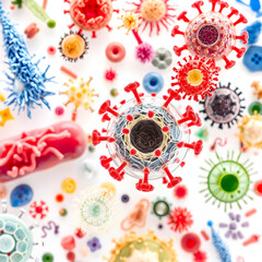 Fototapeta premium Imiginary virus cells or bacteria molecule. View of a virus under a microscope, infectious disease