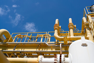 Oil and gas processing plant with pipe line valves.Steel pipelines and valves.Oil pipeline valves in the oil and gas industry.