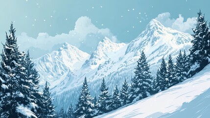 Obraz premium Snow-Covered Mountain Range with Evergreen Trees in the Foreground