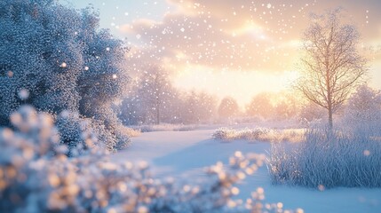 Serene Winter Landscape with Soft Snowflakes Falling