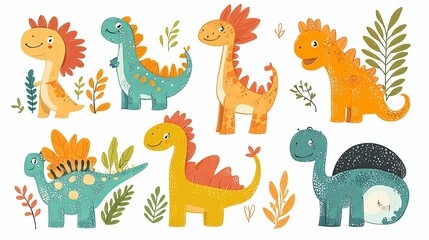 Collection of Cute Cartoon Dinosaurs with Spiky Spines and Plants