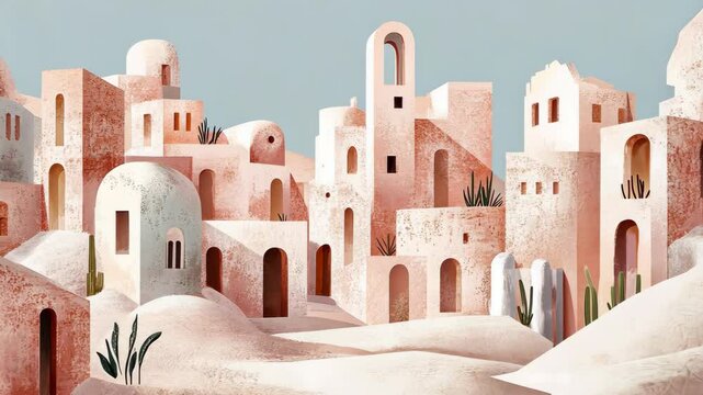 A digital illustration of a small, pink village nestled amongst rolling sand dunes