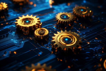 interconnected gears and circuitry symbolizing synergy between technology and business processes