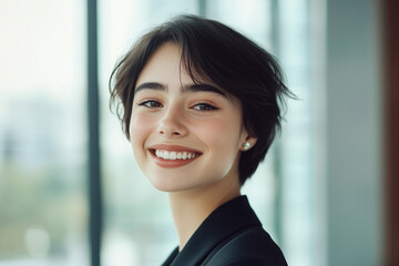 Portrait of a young woman with short brown hair smiling at the camera, wearing a black blazer against a blurred background