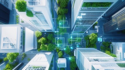 Sustainable smart eco city and greenery concept. Smart buildings using AI-controlled energy management systems in an eco-friendly city close up on energy-saving tech urban efficiency.