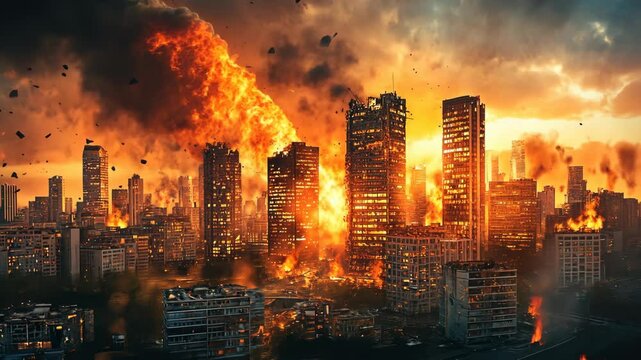 A city engulfed in flames, with tall buildings burning and a massive cloud of smoke rising into the sky
