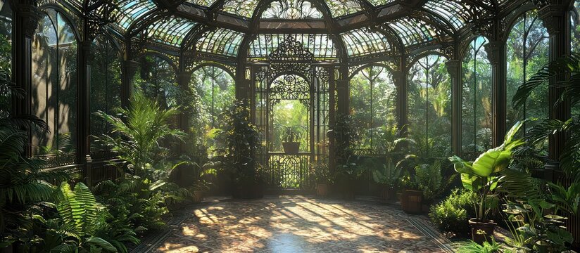 Victorian conservatory pergola with ornate metalwork, ferns, and stained glass details.