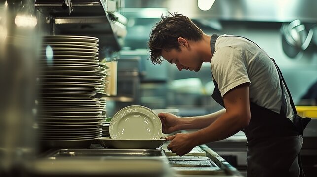 A dishwasher in a restaurant focused on cleaning plates, symbolizing hard work and efficiency.