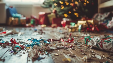 Crumpled wrapping paper and ribbons on floor evoke post-celebration chaos.